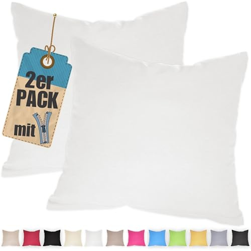 2er Pack Kissenbezug 35x35 cm Weiß Baumwolle Kissenhüllen | Doppelpack, Reißverschluss verdeckt, waschbar, atmungsaktive Baumwoll-Mischgewebe (85% BW, 15% Poly), Kopfkissenbezug