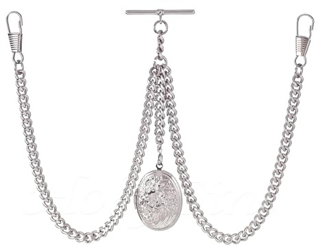 Holy Sins Jewellery Double Albert Silver Pocket Watch Chain with Floral Locket Pendant – Adjustable Length, Handmade in the UK (14)