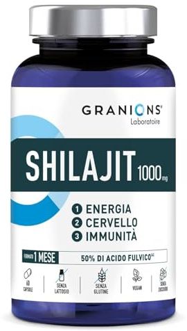 SHILAJIT - Shilajit PURE HIMALAYA | GRANIONS - Laboratoire Français | Immunité, Energie, Articulations, Concentration | Vitamine B6 | Vegan | Complement Alimentaire | 60 Gélules | Format 1 Mois