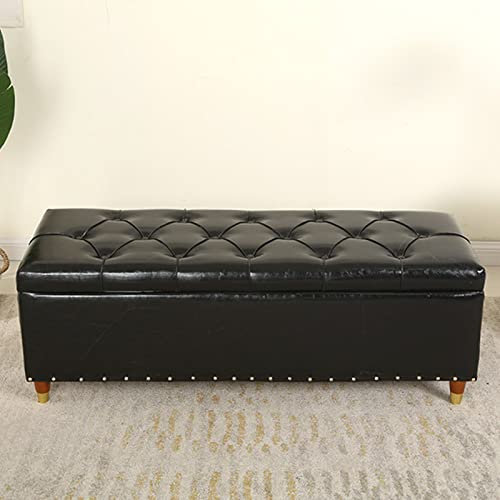 Ottomane aus Leder, mit Knopfleiste, getuftet, Fußhocker für Wohnzimmer, Schlafzimmer und Eingangsbereich, rechteckig, 60 x 40 x 45 cm, Schwarz