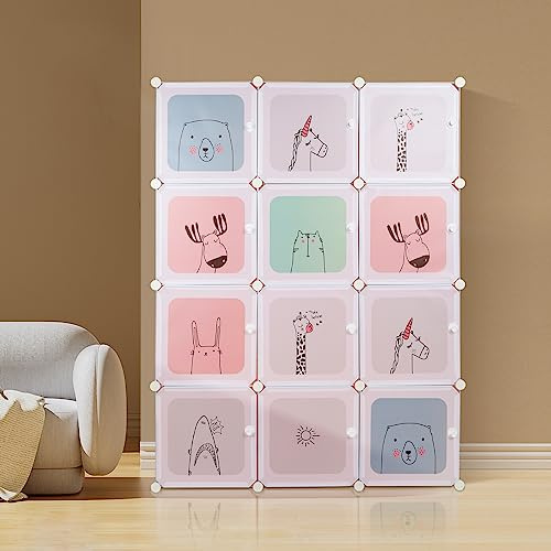 Kedia Kleiderschrank, DIY Regalsystem Kleiderschrank mit Tür Steckregal Kleiderschränke Garderobenschrank Schuhregal Würfel Schrank aus Kunststoff (110 * 145 * 37cm-Rosa)