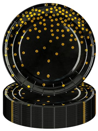 HFBOBP 50 Stück Pappteller schwarz gold Dot,18cm Pappteller Geburtstagspartygeschirr Partygeschirr Partyteller für Geburtstag Party Abschlussfeier, Jubiläums, Valentinstag Silvester und Neujahr