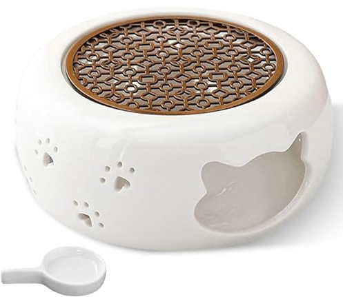 Stövchen für Teekanne, Keramik Teewärmer in Katzendesign, Porzellan Stövchen mit Teelichthalter & Legierung-Herdmatte, Hohl Geschnitztes Design (Weiß, ø 14,5 cm)–Wärmeerhaltung für Tee, Kaffee, Milch