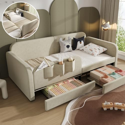 okwish Kinderbett, 90 x 200cm, Bodenbett Kinder, Mit Metallbettrahmen, 3 Kleinen Ablagefächern, 2 Schubladen, Samt, Funktionelles Stauraumbett, Weiß (Ohne Matratze)