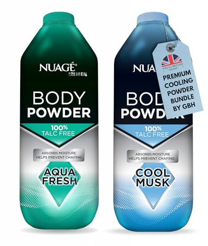 New Nuage Talc Free Body Powder for Men Bundle – 250g Cool Musk & 250g Aqua Fresh – 2 Pk Talc Free Powder for Women & Men – Anti-Chafing & Fresh Skin by GBH
