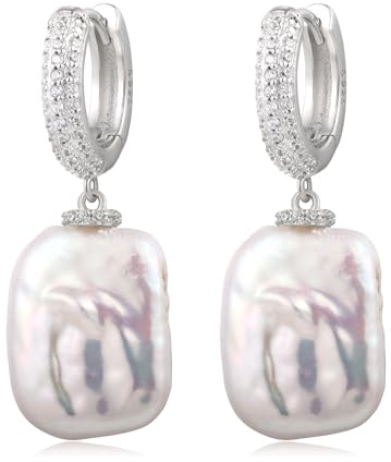 YAMI Damen Perlen Ohrringe Anhänger, Weiß/Lila Barock Perlenohrringe, Süßwasserperlen Ohrringe, mit 925 Sterlingsilber und Kristall Zirkonia Ohrhaken, 38 x 15 mm, Geschenk für Damen, für Jeden Anlass