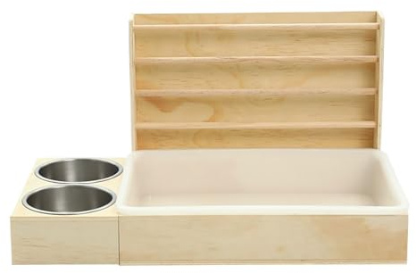 Bunny Hay Feeder, Small Animal Litter Box, Wooden Feeder with Double Bowls, Anti-Waste Food Dispenser, for Rabbits Chinchillas Hamsters, 2-in-1 Design, White Brown Color, 1 Set