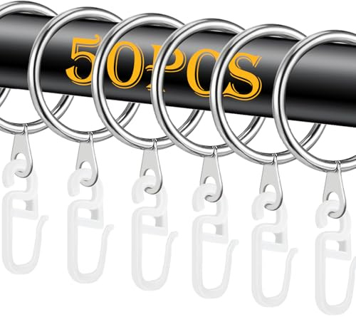 50 anelli per tende in metallo e 50 ganci per tende in plastica, diametro interno 30 mm, per tenda da doccia, colore: argento