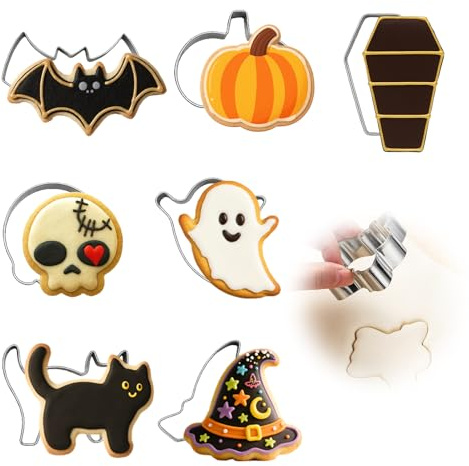 7 Pieces Halloween Cookie Cutters, Stainless Steel Biscuit Cutter Set - Pumpkin, Bat, Ghost, Cat, Tombstone, SkullWitch Hat, Mould for Pastry Baking Fondant Sandwich Cake Decoration