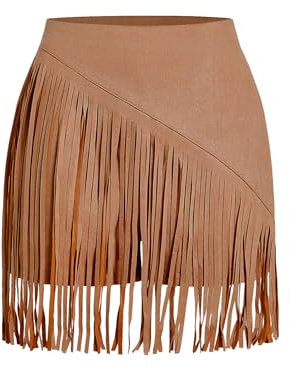 SweatyRocks Women's Cowgirl Fringe Skirts Faux Suede Western Mini Skirt Country Concert Outfits Reddish Brown Large