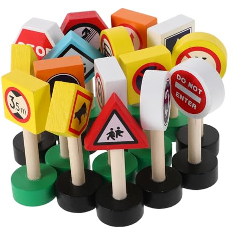 Gogogmee Ensemble de Jeu Panneau de Signalisation Jouet en Bois Coloré, Éducatif pour Garçon et Filles, 16 Mini Panneaux de Signalisation Préscolaires pour Apprentissage en Classe