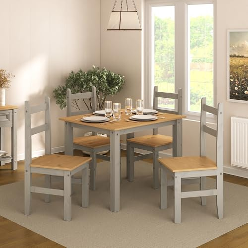 Mews Corona Dining Table Set 4 Seater Grey Solid Mexican Pine Wood Table With 4 Chairs