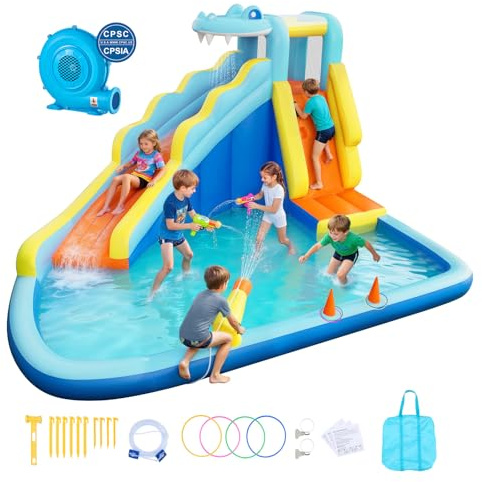 VEVOR Château Gonflable, Aire de Jeux Gonflable Extérieur avec Souffleur, Toboggan Aquatique, Lancer d'Anneaux, Piscine, Canon à Eau, pour 3 à 4 Enfants de 3 à 8 Ans, Thème Crocodile, 353x400x235 cm