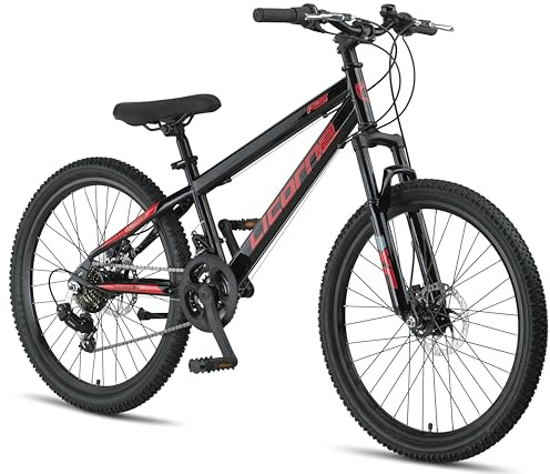 Licorne Bike Thunder Premium Mountainbike in 20, 24, 26, 27.5 und 29 Zoll Fahrrad für Mädchen Jungen Herren und Damen Discbremse (Schwarz/Rot, 24 Zoll)