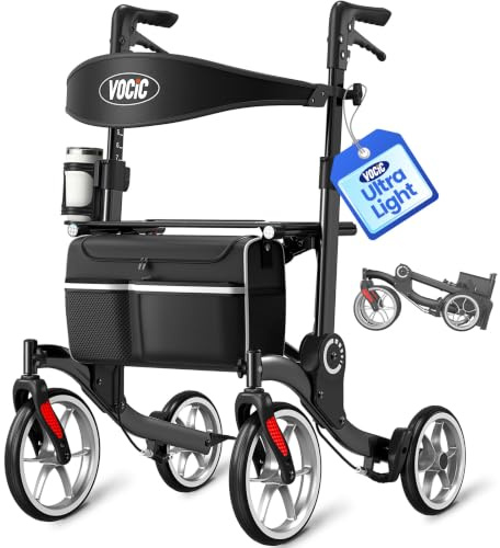 VOCIC Z36 Rollator Walker with Seat for Seniors, 6.8kg Ultralight, 136kg | Aluminum Foldable Mobility Walker with 24CM Wheels, Ultra-Compact Rollator for Stable Indoor & Outdoor Use with Shopping Bag
