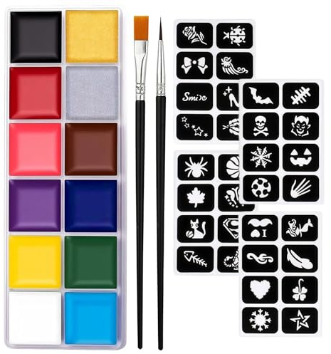 Face Painting Kit - 12 Color Face Paints & Body Paint for Adults, Professional Washable Makeup with 2 Brushes 32 Stencils for Halloween Christmas Cosplay