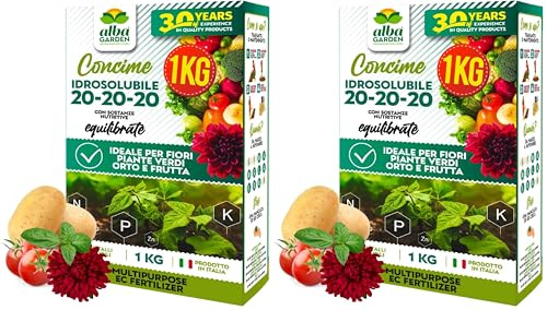 Albagarden - Concime Idrosolubile Per Piante Verdi Fiori Orto E Frutta - Fertilizzante Universale Equilibrato 20 20 20 - Polvere A Base Azoto Fosforo Potassio x 1 kg (Confezione da 2)
