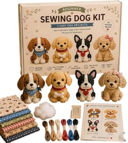 DIY Patchworks Fee Kit, 4er Pack Nähset Bastelset Mit Stoff, Füllung, Knöpfen, Stickerei Nähen Kits, Patchwork Feen Blumenfee Set, Geschenk für Frauen, Mutter, Erwachsene, Anfänger (Hunde)