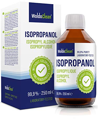 WoldoClean Isopropanol 99,9% rengöringsalkohol 250 ml glasflaska – IPA högren, färglös & utan rester för elektronik, 3D-skrivare, hushåll & hantverk. | Isopropylalkohol hög renhet, restlösa, avfettare och rengöringsmedel för elektronik, verktyg, optik och fint arbete