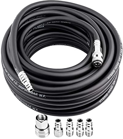 Rubber Compressed Air Hose, 15m High Pressure 900Psi Compressor Hose Kit Air Pipe Hose with 5 Quick Release Pneumatic Connectors, 1/4 Pneumatic Air Hose Set Black for Most Air Compressor
