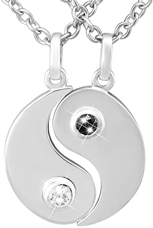 Hanessa 2 Stück Personalisierte Kette mit Gravur 925 Sterling Silber 47 cm mit Anhänger Yin Yang in silber - Personalisierte Geschenke für Damen Herren Freundin Freund - Partner Halskette Sie Ihn