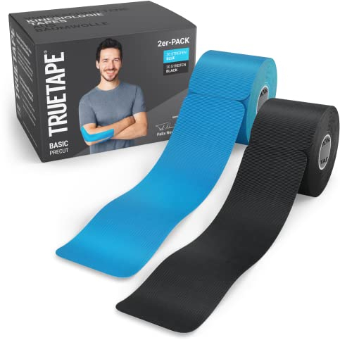 TRUETAPE® Kinesiotape – BASIC Precut – 2x 20 Streifen (25 cm x 5 cm) – Vorgeschnittene Kinesiotapes – Wasserfestes & Elastisches Physiotape für Alltag & Sport – Blau & Schwarz