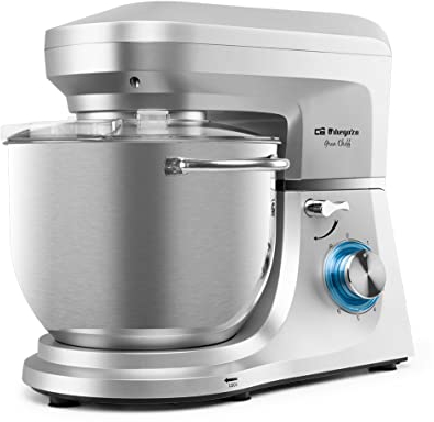 Orbegozo AM 8000, Batidora amasadora, accesorios para mezclar, amasar y batir, 1800 W, bol acero inoxidable de 7 L, motor AC, 6 velocidades + PULSE