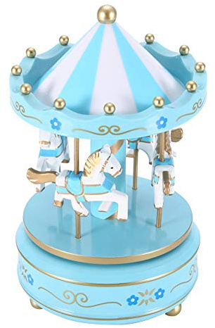 Karusell Present, Speldosa LED-lampor Karusell Speldosa Merry Go Round Speldosa Karusell Present Dekor Topper 4 häst Klassisk Inredning Melodi Somna Julklapp(blue)