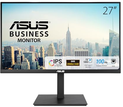 ASUS VA27ACFSN Monitor Docking da 27” pollici, QHD (2560 x 1440), IPS, Frameless, USB-C, RJ45, 100 Hz, Adaptative-Sync, Stereo, Filtro Luce Blu, Antisfarfallio, Design Ergonomico, Montabile, Nero