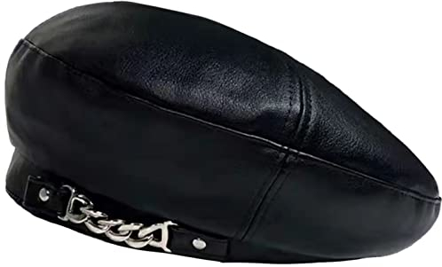 XYIYI Schwarz Damen PU Leder Baskenmütze Französischer Stil Baskenmütze, Einfarbig Casual Classic Maler Kappe