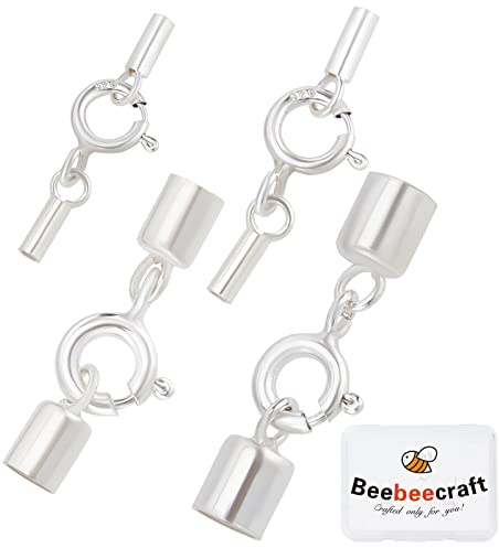 Beebeecraft 4 Sets 4 Größe 925 Sterlingsilber-Kordelenden Zum Einkleben Mit Crimp-Ende Mit Karabinerverschluss Für Lederbänder, Halsketten, DIY-Herstellung