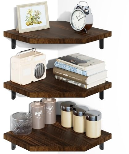 Alsonerbay Floating Corner Shelves Wood, Set of 3 Small Corner Shelf Wall Mounted Rustic Floating Wall Shelves for Bedroom Kitchen Living Room Office Bathroom Brown