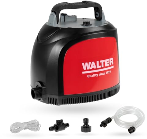 WALTER- Li-Ion Akku-Klarwasserpumpe 20V, Förderhöhe 12 m, Fördermenge 3500 l/h, mit eingebautem 4000 mAh-Akku, Betriebszeit ca. 30 min, 200 cm Wasserschlauch mit Schnellkupplung und Durchflussschalter