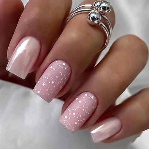 Kryzalite® 24 Stück mittlere Nägel zum Aufdrücken, quadratische künstliche Nägel, matt, perlmuttfarben, rosa, künstliche Nägel mit Pailletten-Designs