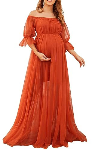 Owegvia Damen Lang Umstandskleid Elegant Schulterfrei Kurzarm Sheer Mesh Tüll Kleid Schwangerschaftskleid für Fotoshooting, Orange/Rot, Medium