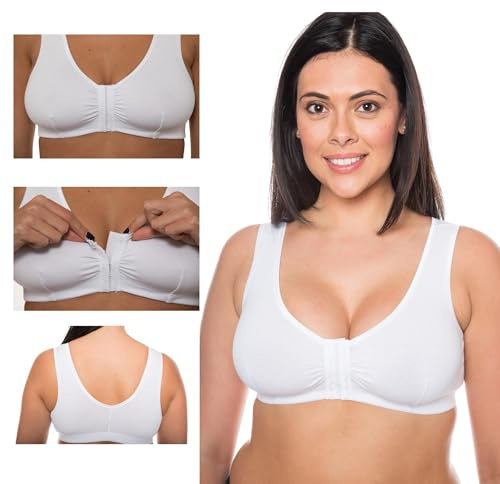 Vitality Care Front Fastening Mastectomy Bra with Prosthesis Pockets Wire-Free Cotton Full Coverage Racerback U-Back Adjustable Straps Size 34-48 B-DD Cup