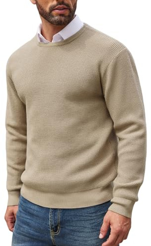COOFANDY Mens Jumper Crewneck Pullover Sweater Waffle Textured Long Sleeve Knitted Sweaters Top Khaki M