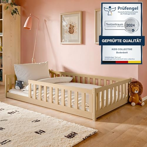 Lit d'Enfant au Sol 120x200 cm Avec Protection Contre Les Chutes & Sommier à Lattes Montessori, Barreaux, Adolescent, Simple, Option Avec Matelas Naturel Garçon Fille