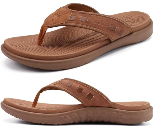 KuaiLu Mens Leather Flip Flops Orthotic Thong Sandals With Arch Support