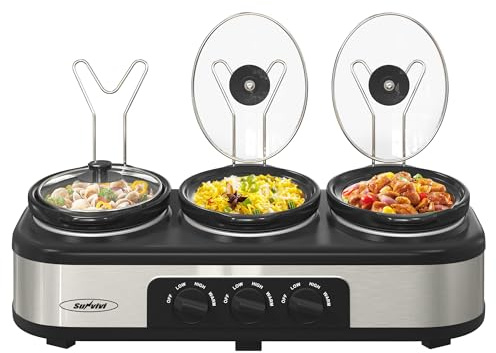 Sunvivi Triple Slow Cooker, Buffet Server & Warmer with 3 Removable Ceramic Pots, 3 Adjustable Temp Settings & 3 Metal Lid Rests, Stainless Steel, 3 * 1.5 Quarts Silver