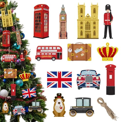 Quzzil London Weihnachtsschmuck aus Holz, Britische Reise, Souvenir, Weihnachtsdekoration, England, Ornamente für Weihnachtsbaum, Großbritannien, Turm, Big Ben, 24 Stück