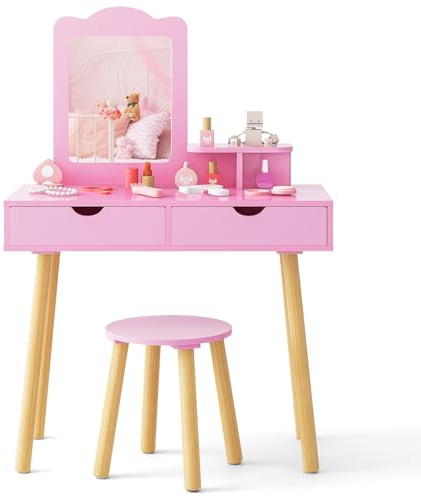 Maxmass 2-in-1 Kids Vanity Table and Stool, Wooden Children Dressing Table Set with Detachable Mirror, 2 Drawers and Open shelf, Princess Makeup Dresser Desk for Girls (Pink)