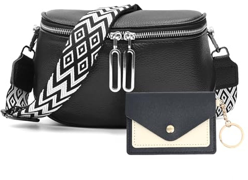 JinDouer Kleine Moderne Umhängetasche Damen mit 3 Fächern, Bauchtasche Echt Leder Damen mit Elegante Breitem Gurt, Crossbody Bag Damen Klein, Münzbörsen für Damen Senden