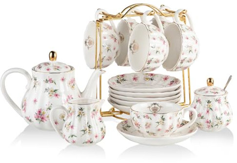 Sweejar Home Porcelain Tea Sets British Royal Series,Cups & Saucer Service for 6, with Teapot Cream Pitcher Teaspoons and Tea Strainer, Suitable for High Tea (FloralD)
