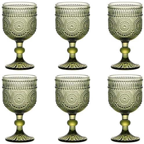 Taganov Green Wine Glasses Drinking Water Goblets set of 6 Vintage Colored Glassware 12 Ounces Sunflower Stemmed Cups for Wedding Party Bars Restaurants