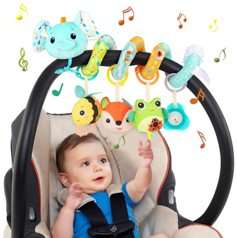 Funsland Giocattolo a Spirale Passeggino Neonato - Giochi Passeggino Neonati Regalo per 0 3 6 Mesi, Peluche Giocattolo a Spirale con Musica per Culla Neonato/Seggiolino Auto, Elefante