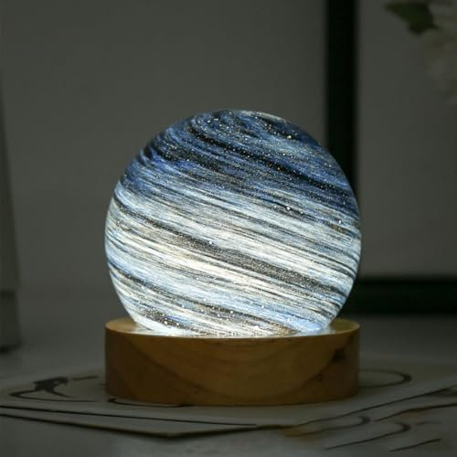 EOEO 3D Kristallkugel Nachtlicht mit Holzsockel Dimmbar LED Aurora Stimmungs Tischlampe mit Sternenhimmel Gestaltung Sonnensystem Kristallkugel Planetenlampe für Schlafzimmer BabyZimmer,01