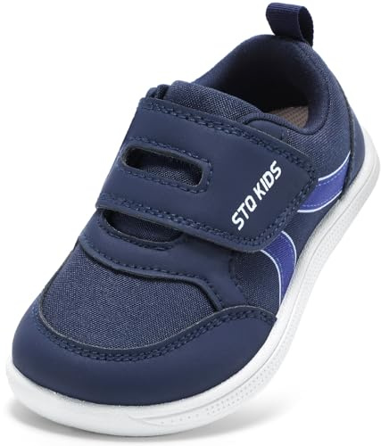 STQ KIDS Kids Barefoot Shoes Wide Fit Boys Trainers Hook and Loop Toddler First Walking Shoe Non Slip Zero Drop Navy White UK 9 / T9