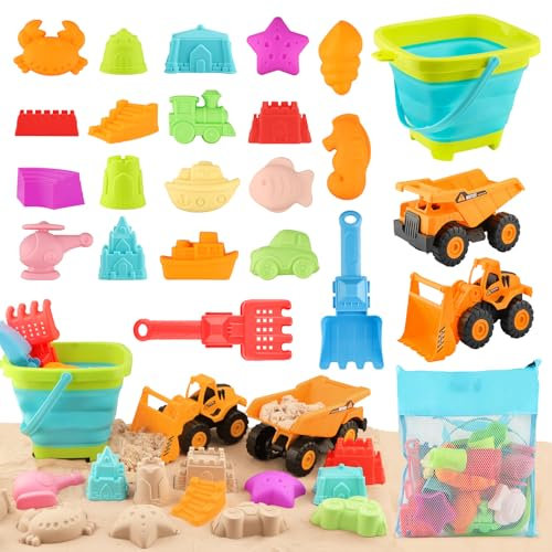 SHAINE 24 Stück Sandspielzeug Set, Strandspielzeug für Kinder mit Faltbarer Eimer Kinder Bagger Netzbeutel, Reise Strand Sandkasten Spielzeug Sandförmchen Sandschaufel für Jungen Mädchen ab 3 Jahr