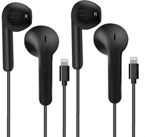 Lot de 2 Écouteurs Intra-Auriculaires avec Câble Lightning pour iPhone 14/13/12/11/8/7/X/Pro/Pro Max, Hi-FI Stéréo Apple Lightning (Noir)